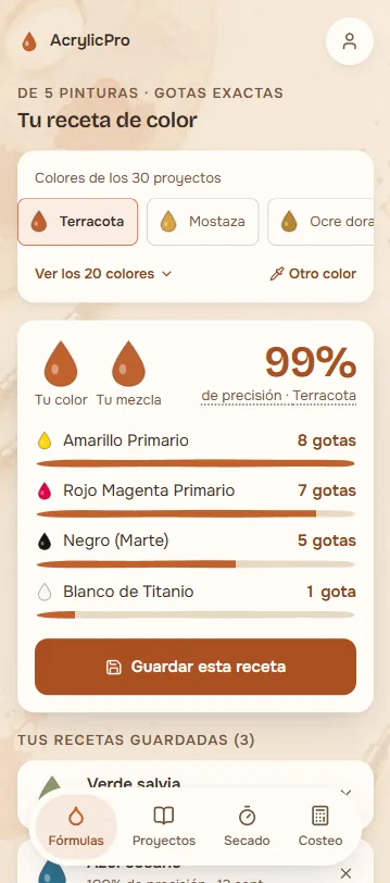 Receta de color con las gotas exactas de cada pintura, calculadas al instante